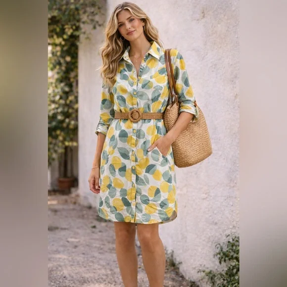 Ever Touch by Malika Lemon Print Shirt Dress XL Textured Button Front - Picture 9 of 9